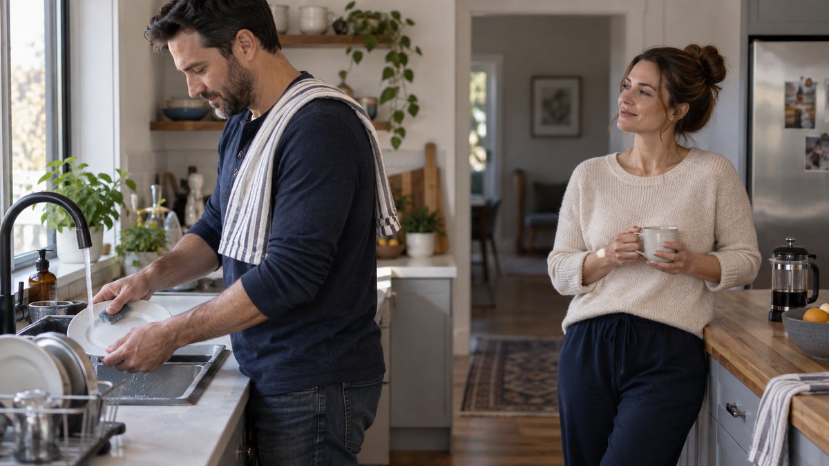 Wife stepping back while her husband participates in a shared responsibility