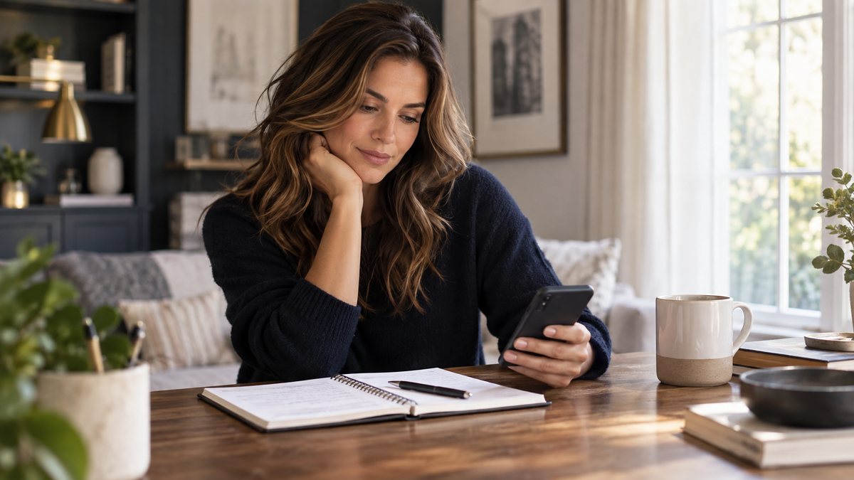 Woman choosing a low-pressure text to send an ex